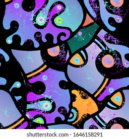 Childish Print. Modernes Nahtloses Muster.  Grafiti Packaging. Cool Hand Drawn. Lineare Collage. Bizarre Street Art. Kreativer Trendstil. Abstrakte Kontrastform. Doodle Crazy Vektorillustration Hintergrund.
