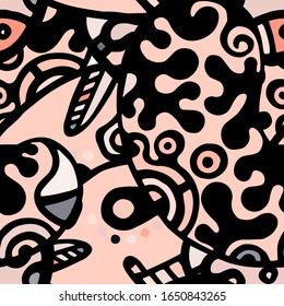 Childish Print. Modern Seamless Pattern.  Gray, Bordo Fun Hand Drawn. Linear Collage. Bizarre Street Art. Creative Trendy Style. Abstract, Contrast Shape. Doodle Crazy Vector Background.
