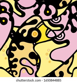 Childish Print. Modernes Nahtloses Muster.  Schwarze, gelbe, haotische Hand gezeichnet. Lineare Collage. Bizarre Street Art. Kreativer Trendstil. Abstrakte, kontrastförmige Form. Doodle Crazy Vektorillustration Hintergrund.
