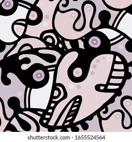 Childish Print. Modern Seamless Pattern.  Gray, Bordo Cool Hand Drawn. Linear Collage. Bizarre Street Art. Creative Trendy Style. Abstract, Contrast Shape. Doodle Crazy Vector Background.
