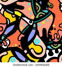 Childish Print. Modern Seamless Pattern.  Color, Multicolor Cool Hand Drawn. Linear Collage. Bizarre Street Art. Creative Trendy Style. Abstract, Contrast Shape. Doodle Crazy Vector Background.
