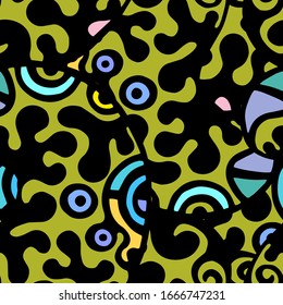 Childish Print. Modern Seamless Pattern.  Color, Multicolor Funky Hand Drawn. Linear Collage. Bizarre Street Art. Creative Trendy Style. Abstract, Contrast Shape. Doodle Crazy Vector Background.
