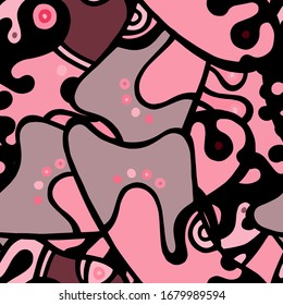 Childish Print. Modern Seamless Pattern.  Gray, Bordo Funky Hand Drawn. Linear Collage. Bizarre Street Art. Creative Trendy Style. Abstract, Contrast Shape. Doodle Crazy Vector Background.
