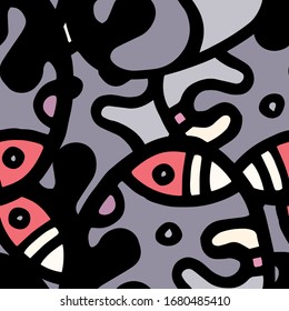 Childish Print. Modern Seamless Pattern.  Gray, Bordo Fun Hand Drawn. Linear Collage. Bizarre Street Art. Creative Trendy Style. Abstract, Contrast Shape. Doodle Crazy Vector Background.
