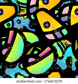 Childish Print. Modernes Nahtloses Muster.  Grafiti Packaging. Cool Hand Drawn. Lineare Collage. Bizarre Street Art. Kreativer Trendstil. Abstrakte Kontrastform. Doodle Crazy Vektorhintergrund.
