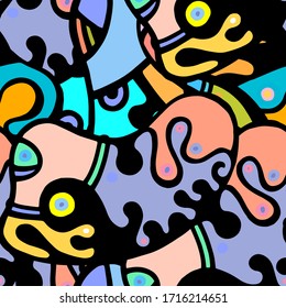 Childish Print. Modern Seamless Pattern.  Color, Multicolor Fantasy Hand Drawn. Linear Collage. Bizarre Street Art. Creative Trendy Style. Abstract, Contrast Shape. Doodle Crazy Vector Background.
