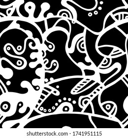 Impresión infantil. Patrón moderno sin foco.  Mano negra y blanca de fantasía. Collage lineal. Arte de la calle Bizarre. Estilo creativo de moda. Resumen, Forma de contraste. Fondo del Vector Loco de Doodle.

