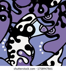 Childish Print. Modern Seamless Pattern.  Blue, Purple Fun Hand Drawn. Linear Collage. Bizarre Street Art. Creative Trendy Style. Abstract, Contrast Shape. Doodle Crazy Vector Background.
