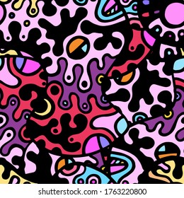 Childish Print. Modern Seamless Pattern.  Color, Multicolor Fantasy Hand Drawn. Linear Collage. Bizarre Street Art. Creative Trendy Style. Abstract, Contrast Shape. Doodle Crazy Vector Background.
