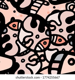 Childish Print. Modern Seamless Pattern.  Gray, Bordo Chaotic Hand Drawn. Linear Collage. Bizarre Street Art. Creative Trendy Style. Abstract, Contrast Shape. Doodle Crazy Vector Background.
