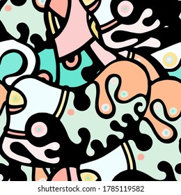Childish Print. Modern Seamless Pattern.  Mint, Turquoise Chaotic Hand Drawn. Linear Collage. Bizarre Street Art. Creative Trendy Style. Abstract, Contrast Shape. Doodle Crazy Vector Background.
