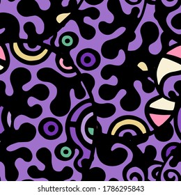 Childish Print. Modern Seamless Pattern.  Color, Multicolor Summer Hand Drawn. Linear Collage. Bizarre Street Art. Creative Trendy Style. Abstract, Contrast Shape. Doodle Crazy Vector Background.
