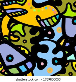Childish Print. Modern Seamless Pattern.  Color, Multicolor Cool Hand Drawn. Linear Collage. Bizarre Street Art. Creative Trendy Style. Abstract, Contrast Shape. Doodle Crazy Vector Background.
