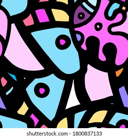 Childish Print. Modern Seamless Pattern.  Color, Multicolor Cool Hand Drawn. Linear Collage. Bizarre Street Art. Creative Trendy Style. Abstract, Contrast Shape. Doodle Crazy Vector Background.
