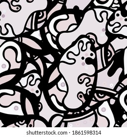 Childish Print. Modern Seamless Pattern.  Gray, Bordo Chaotic Hand Drawn. Linear Collage. Bizarre Street Art. Creative Trendy Style. Abstract, Contrast Shape. Doodle Crazy Vector Background.

