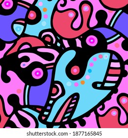 Childish Print. Modern Seamless Pattern.  Color, Multicolor Summer Hand Drawn. Linear Collage. Bizarre Street Art. Creative Trendy Style. Abstract, Contrast Shape. Doodle Crazy Vector Background.
