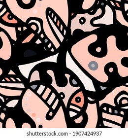 Childish Print. Modern Seamless Pattern.  Gray, Bordo Funky Hand Drawn. Linear Collage. Bizarre Street Art. Creative Trendy Style. Abstract, Contrast Shape. Doodle Crazy Vector Background.
