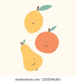 Impresión infantil con frutos retro. Ilustración vectorial. Impresión gruesa con limones, naranja y pera.