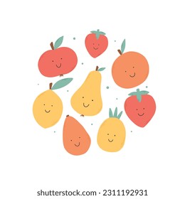 Childish print with retro fruits. Vector illustration. Groovy fruit print.
