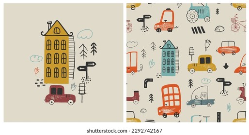 Childish print and seamless pattern with cartoon city life design. Hand drawn vector illustration.