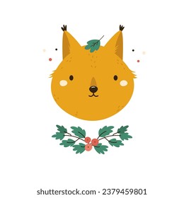 Childish print, vector illustration with animal portraits of squirrel and twig, branch with green leaves and berries. Colorful artwork for decorations, cards, kids designs