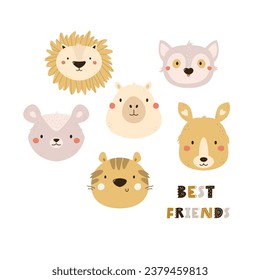 Childish print, vector illustration with animal portraits of lion, opossum, tiger, capybara, lemur and kangaroo in a cute flat style.