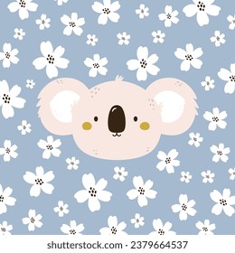Childish print, vector illustration with koala portrait and flower heads. Colorful artwork for decorations, cards, kids designs.