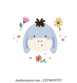 Childish print, vector illustration with a portrait of a cute donkey and flowers. Colorful artwork for decorations, cards, kids designs