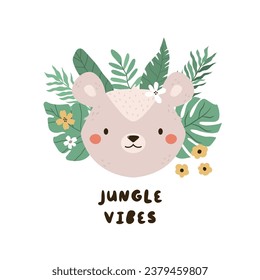 Childish print, vector illustration with a portrait of a funny opossum in tropical leaves and short phrase JUNGLE VIBES. Colorful artwork for decorations, cards, kids designs.