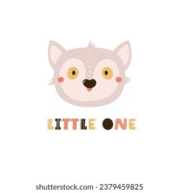 Childish print, vector illustration with a portrait of funny lemur and short phrase LITTLE ONE. Colorful artwork for decorations, cards, kids designs