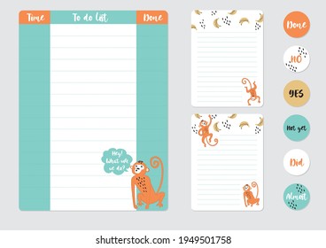 Tarjetas imprimibles infantiles y nota con mono gracioso al estilo de las caricaturas. Plantilla infantil creativa para notas de impresión, etiquetas. Fondo africano del plátano.