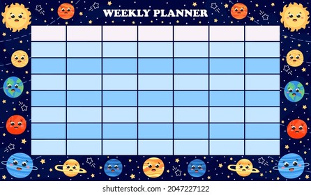 Childish printable galaxy weekly planner for kids in cartoon style, solar system with stars, timetable design on dark background, fantasy galaxy organizer with cute planets