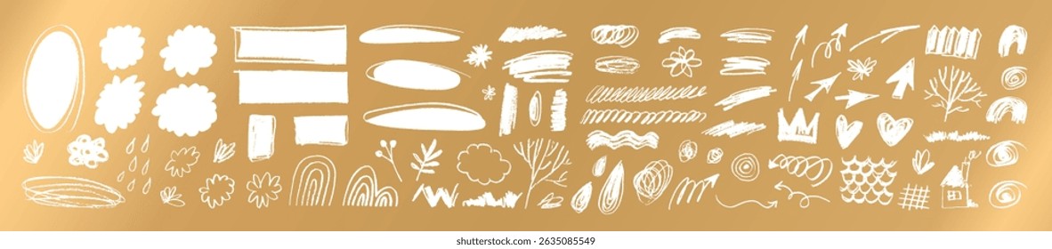 Childish punk style doodles. White chalk trees, clouds, rainbow, flowers, snow and rain on golden bg. Hand drawn graffiti abstract symbols. Vector pastel fun kindergarten art season weather elements
