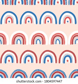 Childish rainbow background seamless. Repeating hand drawn vector pattern with red blue white rainbows. Creative kids texture for fabric, wrapping, textile, wallpaper, apparel, 4th of July