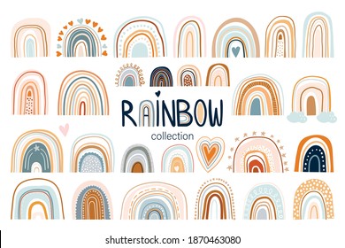 Childish rainbow collection with different elements, hand drawn design, pastel colors, isolated on white
