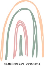 Childish rainbow. Funny handwriting. Doodle arcs in pastel colors. Pale pink orange khaki curved lines. Sloppy scribble illustration for nursery designs. Freehand soulful picture of summer nature.