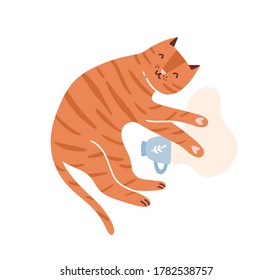 Childish red cat portrait with heart paws. Cute kitten, tabby pet spilled milk cup. Design, decorative animal scene for t shirt print. Flat vector cartoon illustration isolated on white background