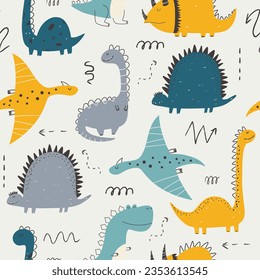 Childish repeating pattern with dinosaurs in Scandinavian style. Childish seamless pattern with hand-drawn dinosaurs.