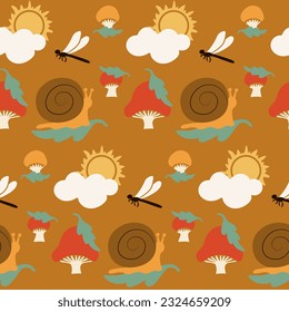 Childish retro cartoon seamless pattern. Groovy elements mushrooms, dragonflies, snails, sun and clours in minimalistic style. Perfect for decoration, background, kids textile, wrapping paper