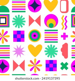 Childish retro geometric seamless pattern. Modern abstract vivid elements. 90s, Y2k, Bauhaus aesthetic. Brutalist banner, background, wrapping paper.