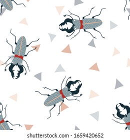 Childish rhinoceros beetle insects hand-drawn scandinavian vector seamless pattern. Cartoon kids pattern for wrapping paper, fabric, textile, wallpaper, background
