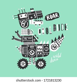 Childish robot dinosaur growls. A dinosaur consists of different mechanisms, levers, buttons and bolts. Can be used for shirt design, fashion print design, kids wear, textile design, greeting card.