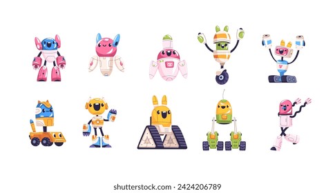 Childish robots. Fun robot character for kids game, transformer machine funny futuristic humanoid cyborg robotic technology, silly android cute space toy classy vector illustration of robot cartoon