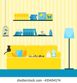 Childish room interior. Yellow and blue colored kids room interior with couch, toys, books and cat. Trendy flat style.