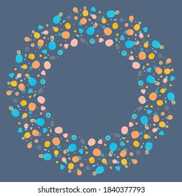 Childish round frame of abstract cartoon whole pineapples, their slices and geometric shapes on a dark background. For children's design, label, invitation, flyer, summer decor. Fun template. Vector.
