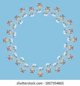 Childish round frame of cute little cartoon characters of raccoons in clothes skating on ice, Christmas trees with white outline like stickers on a blue background. For text, decor. Vector.
