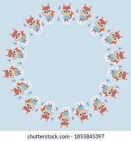 Childish round frame of little cartoon characters of squirrels in clothes skating on ice, Christmas trees with white outlines like stickers on a square light blue background. Lovely rodents. Vector.