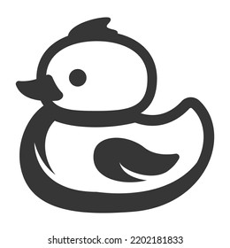 Childish rubber duck monochrome black line icon vector illustration. Floating plastic bird toy bathing plaything outline silhouette. Swimming ducky bath animal with beak and wings minimalist logo