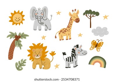 Safari infantil con lindos animales planos y Elementos botánicos. Bebé elefante, león, jirafa, cebra, arco iris. Vector dibujado a mano Clipart aislado sobre fondo blanco