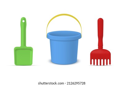 Childish sandbox toys collection realistic vector illustration. Set blue baby bucket, shovel and rake for sand playing isolated on white. Plastic playthings for kids outdoor leisure summer activity